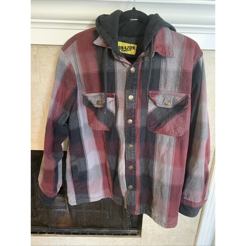 Brazos Work Force Flannel Jacket Men's LARGE Plaid Red And Black ,B Hoodie Lined